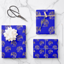 Elegant Blue Gold Dragon Wrapping Paper Sheets Geschenkpapier Set