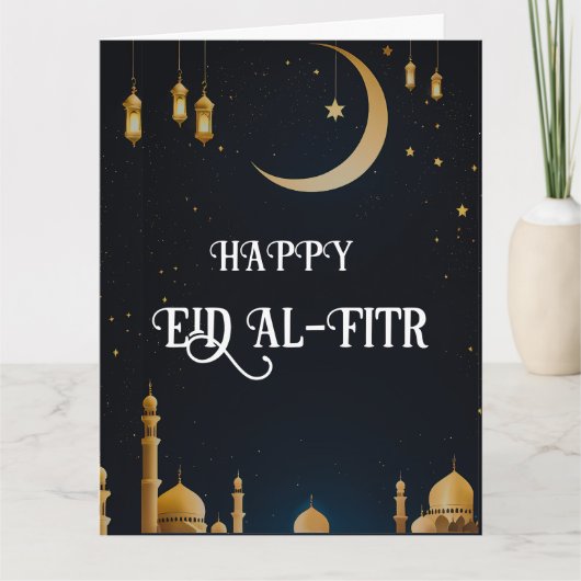 Elegant Blue & Gold Eid Al-Fitr Crescent Moon Karte (Vorderseite)