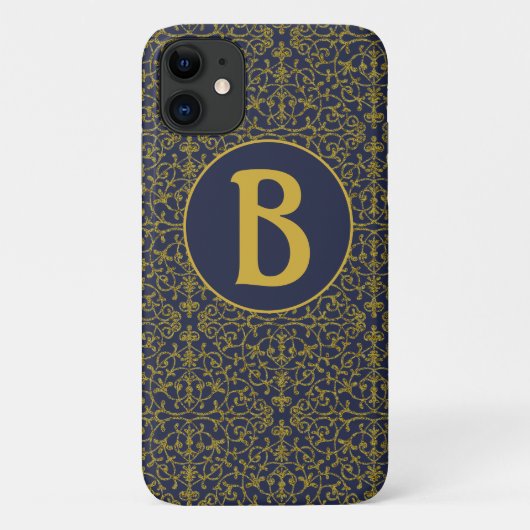 Elegant Blue & Gold Filigree Monogram Case-Mate iPhone Hülle (Rückseite)