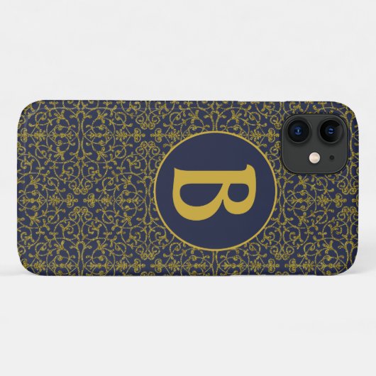 Elegant Blue & Gold Filigree Monogram Case-Mate iPhone Hülle (Rückseite (Horizontal))