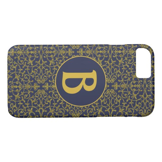 Elegant Blue & Gold Filigree Monogram Case-Mate iPhone Hülle (Rückseite (Horizontal))