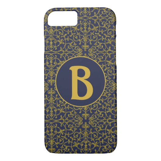Elegant Blue & Gold Filigree Monogram Case-Mate iPhone Hülle (Rückseite)