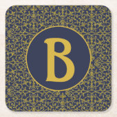 Elegant Blue & Gold Filigree Monogram Rechteckiger Pappuntersetzer (Vorderseite)