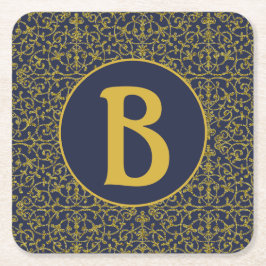 Elegant Blue & Gold Filigree Monogram Rechteckiger Pappuntersetzer