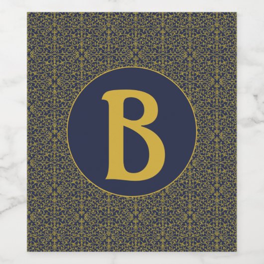 Elegant Blue & Gold Filigree Monogram Weinetikett (Einzelnes Label)