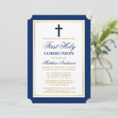 Elegant Blue Gold First Holy Communion Einladung (Stehend Vorderseite)