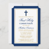 Elegant Blue Gold First Holy Communion Einladung (Vorderseite)