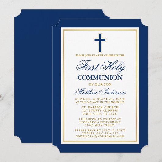 Elegant Blue Gold First Holy Communion Einladung (Vorne/Hinten)