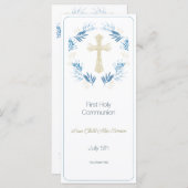 Elegant Blue Gold First Holy Communion Menükarte (Vorne/Hinten)