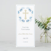 Elegant Blue Gold First Holy Communion Menükarte (Stehend Vorderseite)