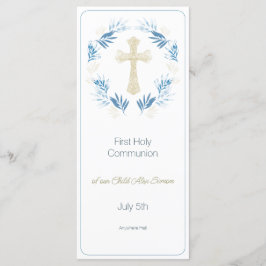 Elegant Blue Gold First Holy Communion Menükarte