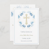 Elegant Blue Gold First Holy Communion RSVP Karte (Vorne/Hinten)