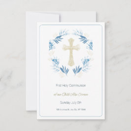 Elegant Blue Gold First Holy Communion RSVP Karte