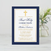 Elegant Blue Gold First Holy Communion Striping Einladung (Stehend Vorderseite)