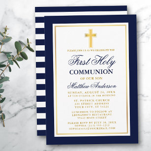 Elegant Blue Gold First Holy Communion Striping Einladung