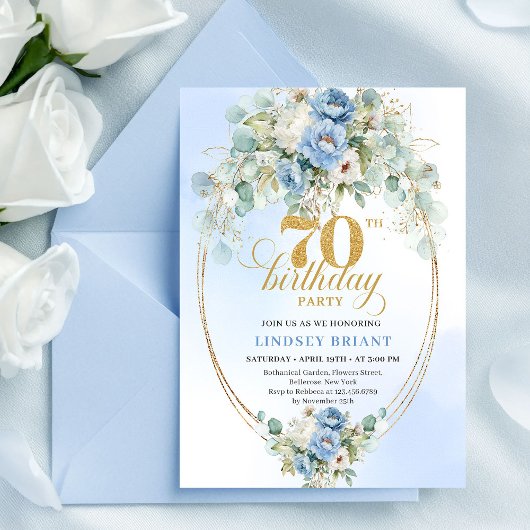 Elegant Blue Gold Floral 70th Birthday Invitation  Einladung