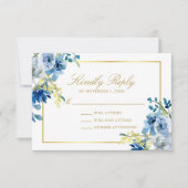 Elegant Blue Gold Floral Kindly Antwort Hochzeit (Vorderseite)