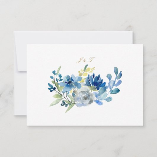 Elegant Blue Gold Floral Kindly Antwort Hochzeit (Rückseite)