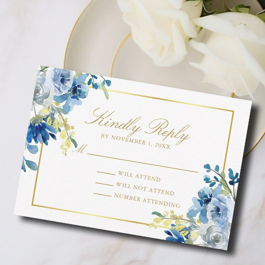 Elegant Blue Gold Floral Kindly Antwort Hochzeit