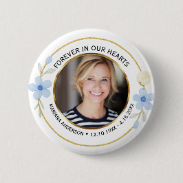 Elegant Blue & Gold Floral Memorial Photo Button