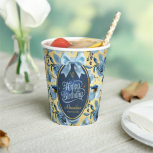 Elegant Blue Gold Floral Personalize Birthday Pappbecher