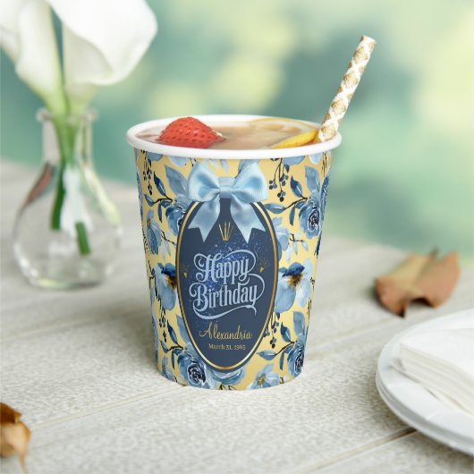 Elegant Blue Gold Floral Personalize Birthday Pappbecher (In Situ)