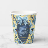 Elegant Blue Gold Floral Personalize Birthday Pappbecher (Vorderseite)