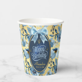 Elegant Blue Gold Floral Personalize Birthday Pappbecher