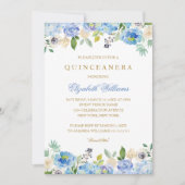 Elegant Blue Gold Floral Quinceanera Einladung (Vorderseite)