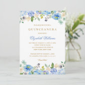 Elegant Blue Gold Floral Quinceanera Einladung (Stehend Vorderseite)
