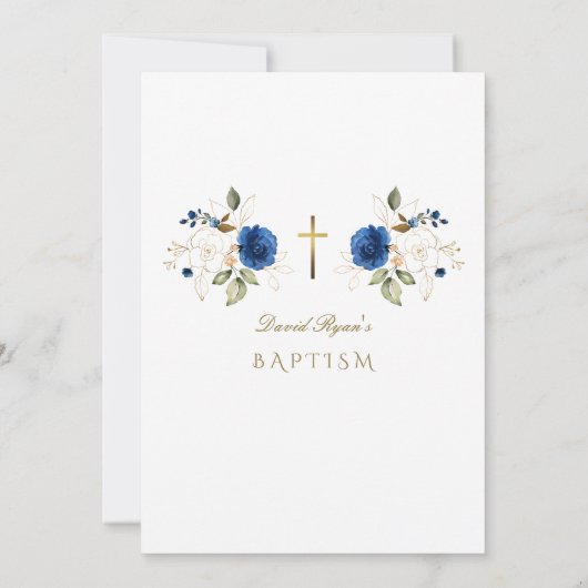 Elegant Blue Gold Flowers Boy Taufe Einladung (Rückseite)