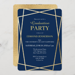 Elegant Blue Gold Geometric 2025 Graduation Party Einladung