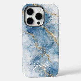Elegant Blue Gold Glitter Abstract Flow iPhone 16 Pro Hülle