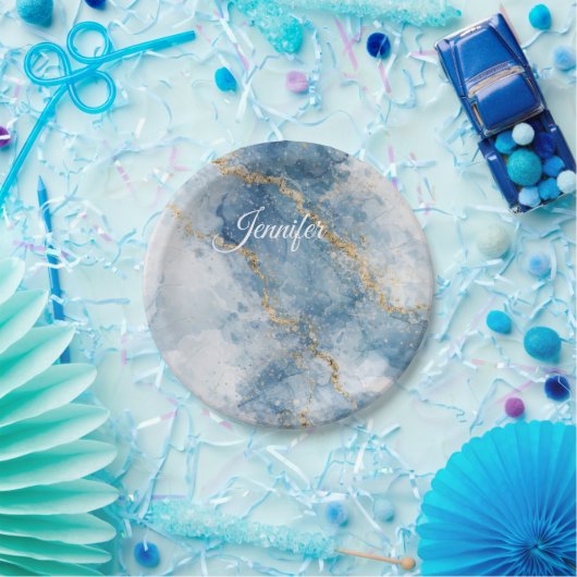 Elegant Blue Gold Glitter Abstract Flow            Pappteller (Party)