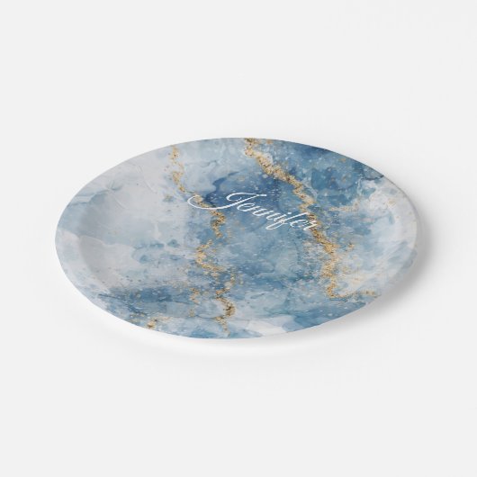 Elegant Blue Gold Glitter Abstract Flow            Pappteller (Schrägansicht)