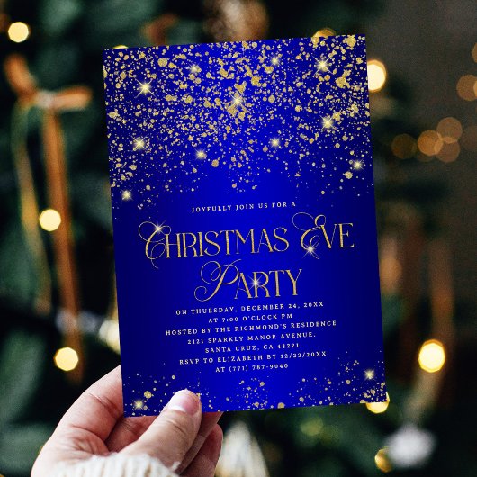 Elegant Blue Gold Glitter Christmas Eve Party Einladung