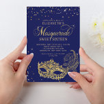 Elegant Blue Gold Glitzer Masquerade Sweet 16 Einladung<br><div class="desc">Das Design bietet glänzende goldene Glitzer Maskerade Ball Maske mit goldenen Konfetti.</div>