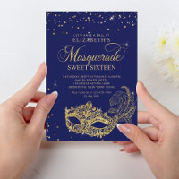 Elegant Blue Gold Glitzer Masquerade Sweet 16