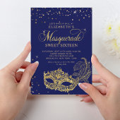 Elegant Blue Gold Glitzer Masquerade Sweet 16 Einladung