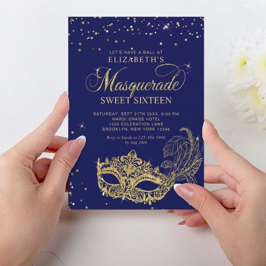 Elegant Blue Gold Glitzer Masquerade Sweet 16 Einladung