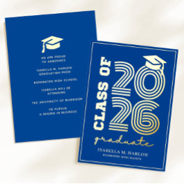 Elegant Blue Gold Graduation YY Announcement Folieneinladung