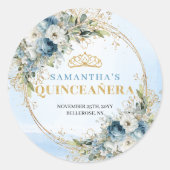 Elegant Blue Gold Greenery Quinceañera Favor Stick Runder Aufkleber (Vorderseite)