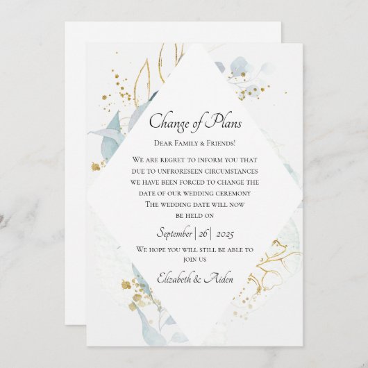 Elegant Blue Gold( Imitat) Watercolour Wedding Einladung (Vorne/Hinten)