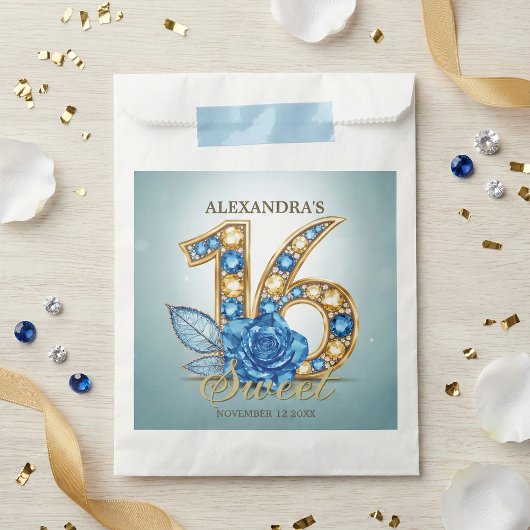 Elegant Blue Gold Jewel Crystal Rose Sweet 16 Geschenktütchen