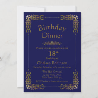 Elegant Blue Gold Lace 18. Geburtstag Abendessen E Einladung