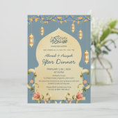 Elegant Blue Gold Lanterns & Floral Arch Iftar Einladung (Stehend Vorderseite)