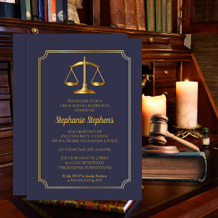Elegant Blue   Gold Law Attorney Graduation Party Einladung