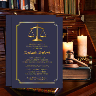 Elegant Blue   Gold Law Attorney Graduation Party Einladung