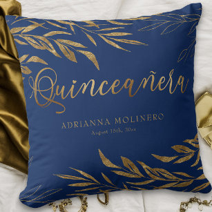 Elegant Blue Gold Leaf Personalisiert Quinceanera Kissen