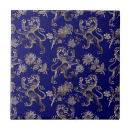 Elegant Blue Gold Lion Floral  Fliese